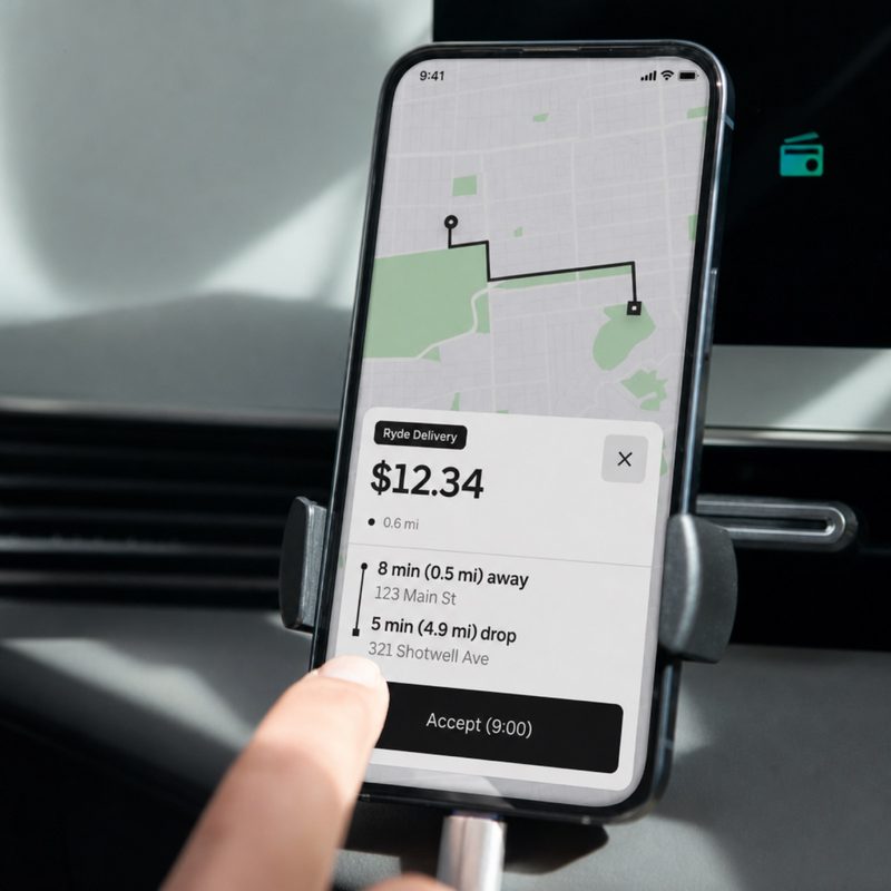 Phone in a car mount showing a Ryde delivery fare before you accept