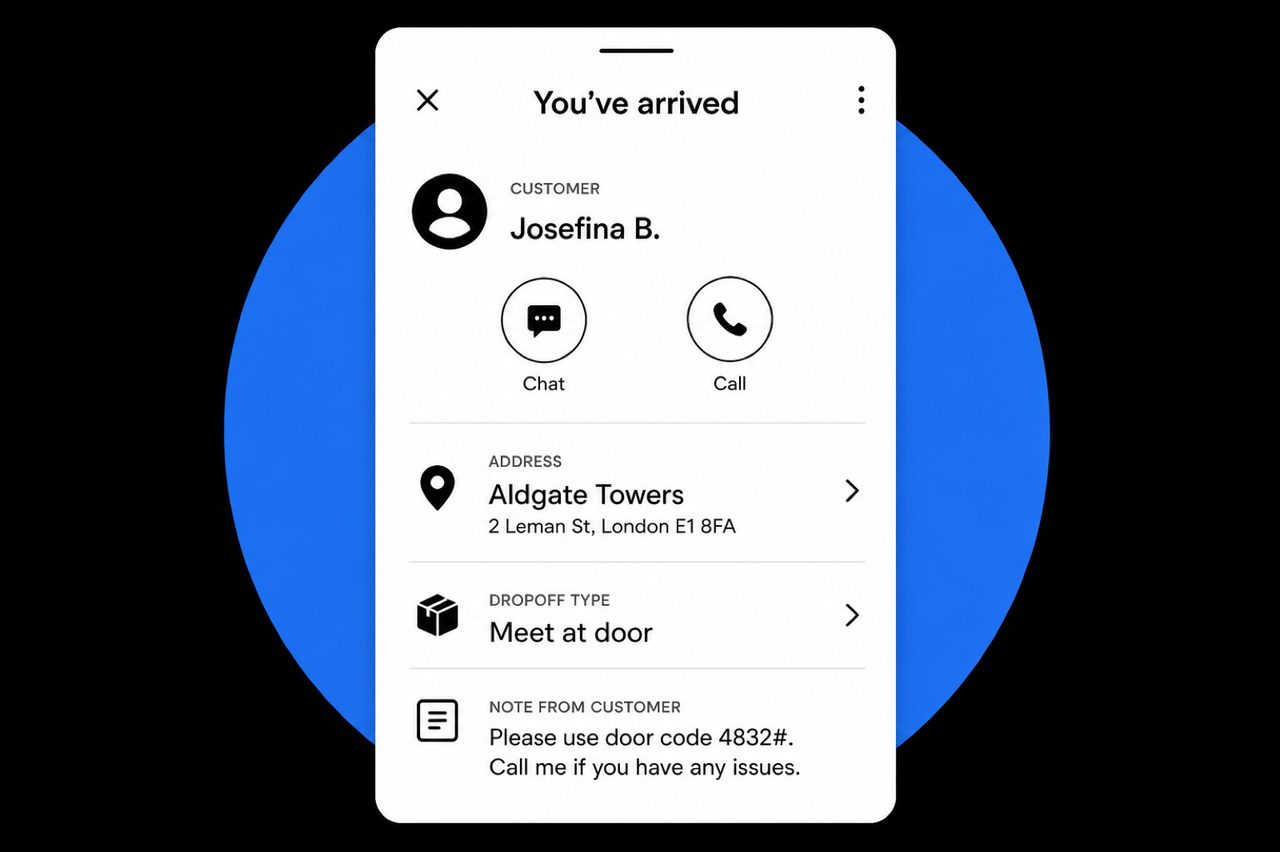 Arrival screen with drop-off notes and customer contact