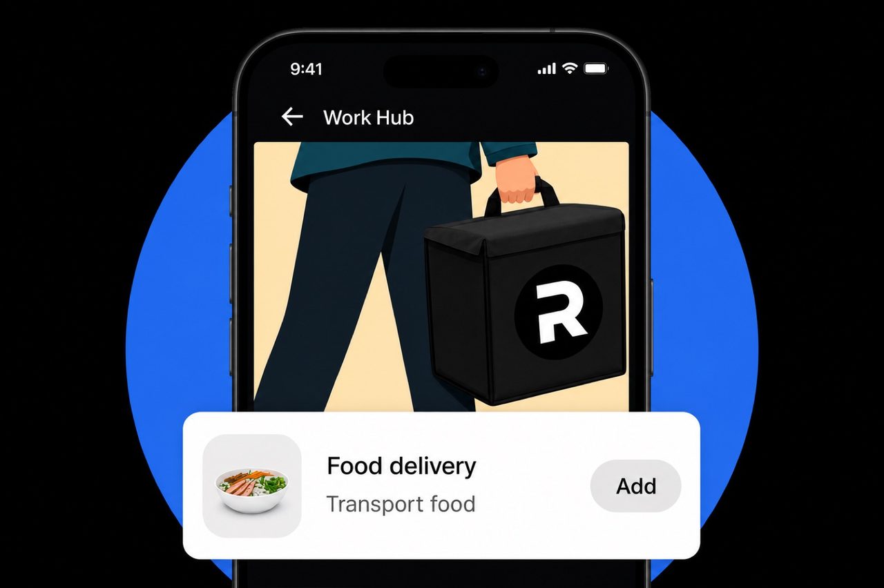 Adding food delivery on a Ryde account, with a courier holding a black Ryde bag