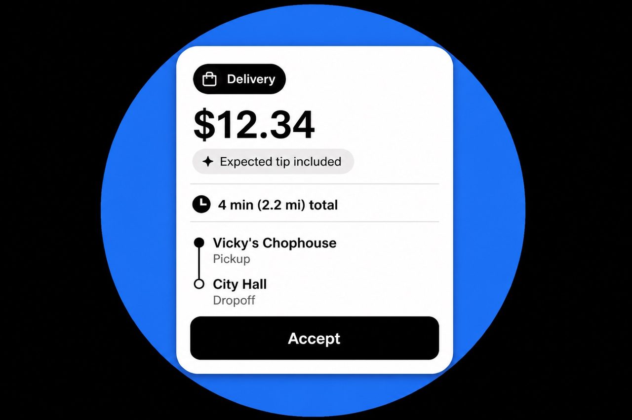 A Ryde delivery offer showing fare, time and Accept