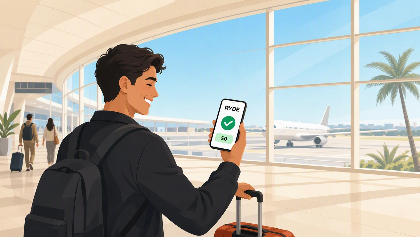 A Ryde One member smiling at the airport, holding a phone that shows a $0 fee confirmation in the Ryde app