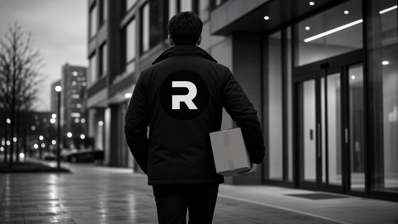 Ryde courier walking a last mile parcel to a lobby