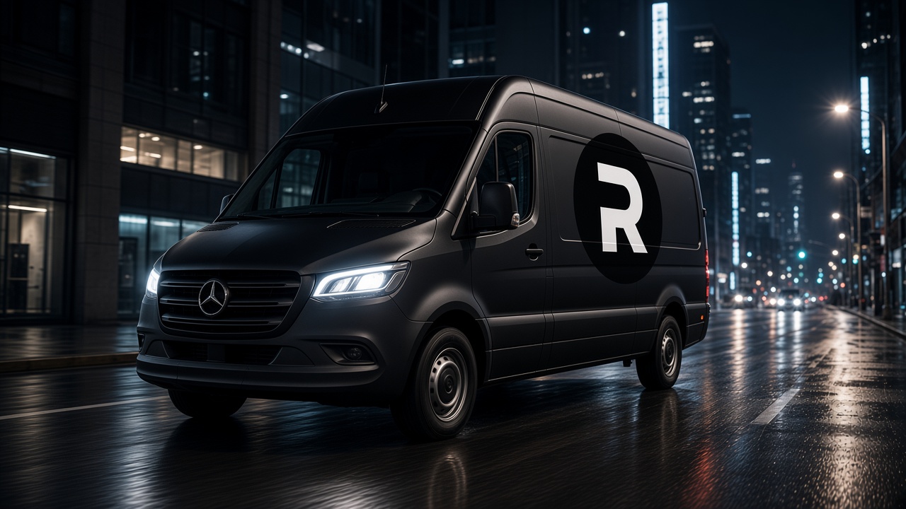 Matte black Ryde van on a city street for dedicated last mile