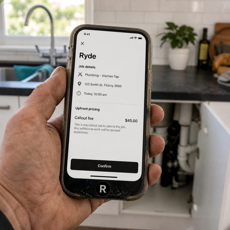 Phone showing a Ryde service callout fee before the customer books
