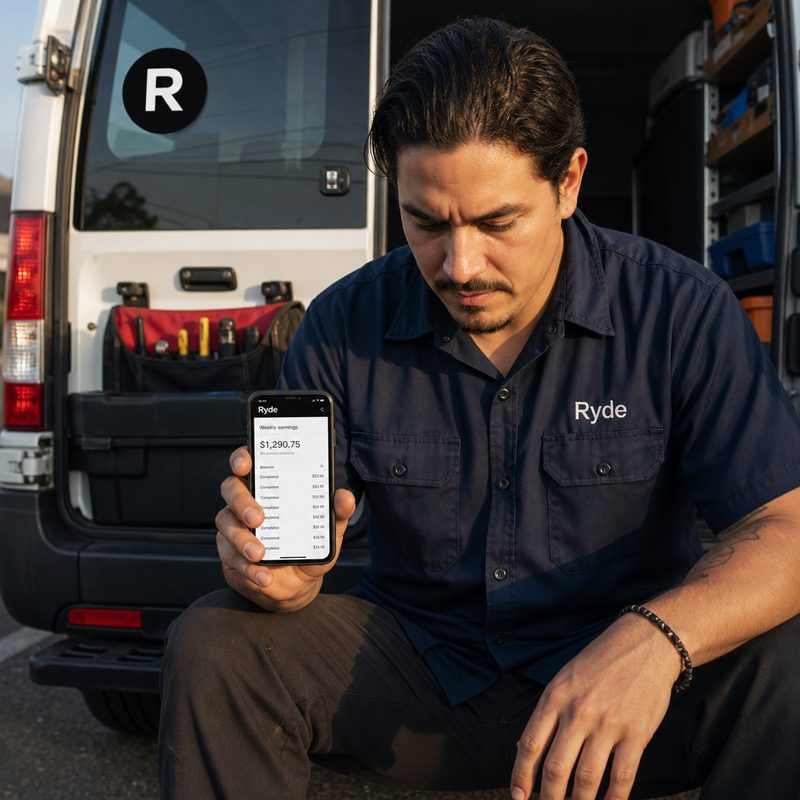Provider checking a Ryde earnings ledger on a phone beside a work van