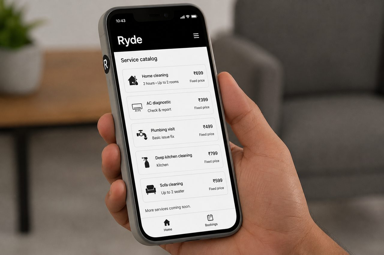 Ryde catalog of fixed-price service packages on a phone