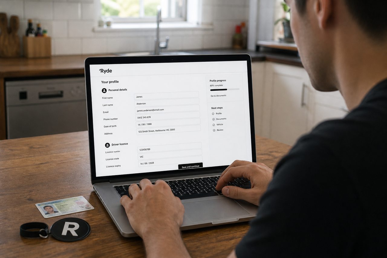 Creating a Ryde service-provider profile on a laptop