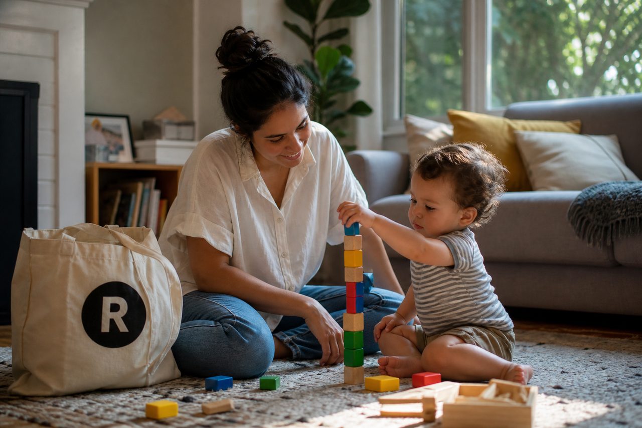 Babysitter with a toddler in a living room