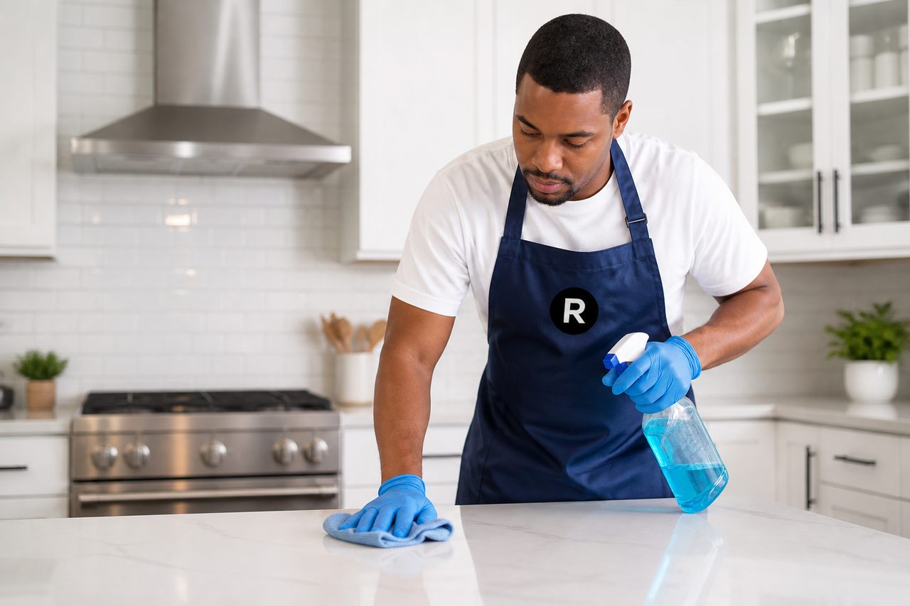 Cleaner wiping a kitchen counter in a Ryde-marked apron