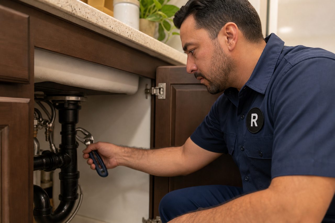 Plumber at a kitchen sink wearing a Ryde-marked work shirt